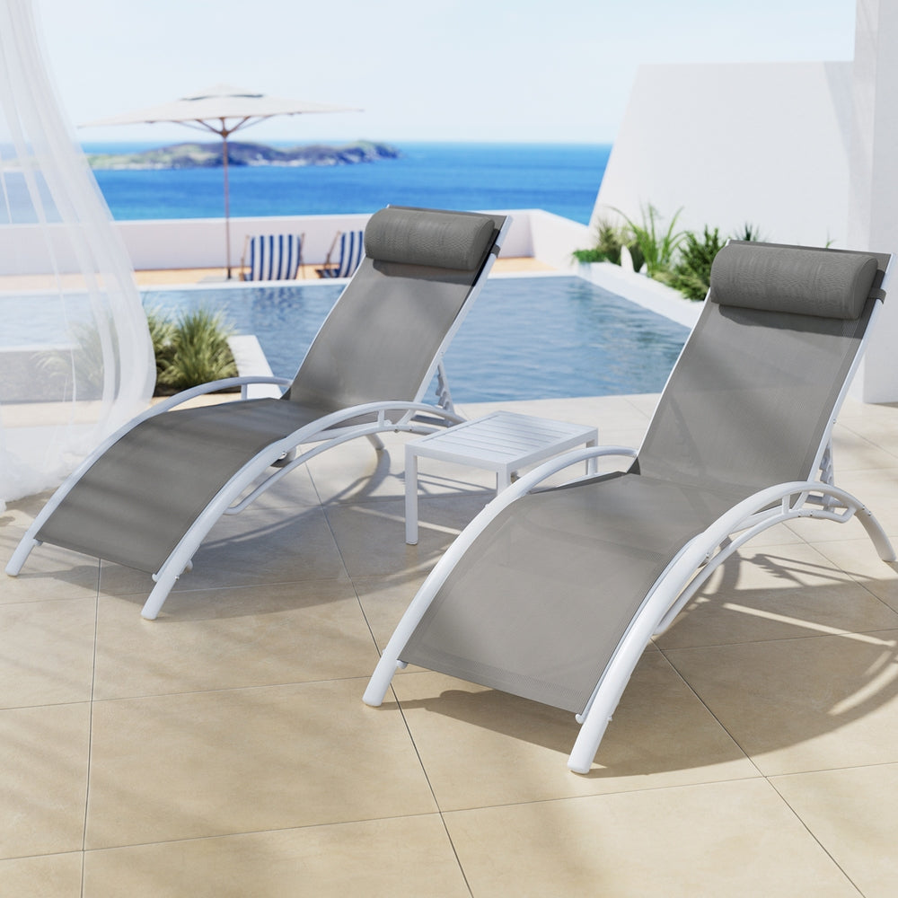 Gardeon 3PC Sun Lounge Outdoor Lounger Table Chairs Steel Patio Furniture Garden FF-LOUNGE-SL-3PCS-WH