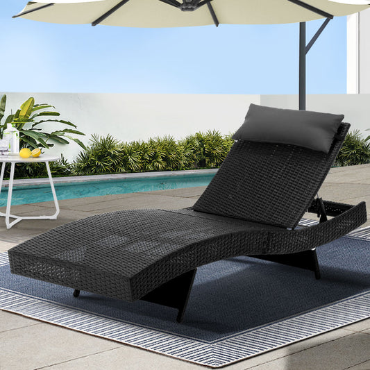 Gardeon Sun Lounge Wicker Lounger Outdoor Furniture Beach Chair Garden Adjustable Black FF-LOUNGE-WA-BK