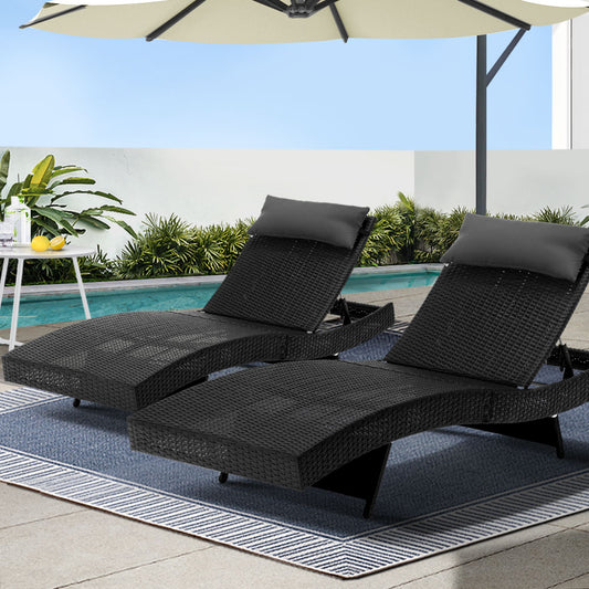 Gardeon 2PC Sun Lounge Wicker Lounger Outdoor Furniture Beach Chair Garden Adjustable Black FF-LOUNGE-WA-BK2X