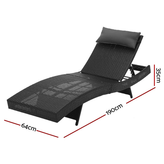 Gardeon 2PC Sun Lounge Wicker Lounger Outdoor Furniture Beach Chair Garden Adjustable Black FF-LOUNGE-WA-BK2X
