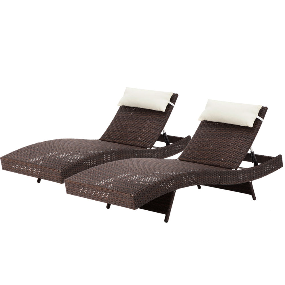 Gardeon 2PC Sun Lounge Wicker Lounger Outdoor Furniture Beach Chair Garden Adjustable Brown FF-LOUNGE-WA-BR2X