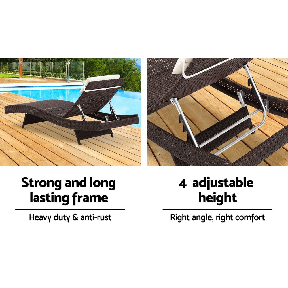 Gardeon 2PC Sun Lounge Wicker Lounger Outdoor Furniture Beach Chair Garden Adjustable Brown FF-LOUNGE-WA-BR2X