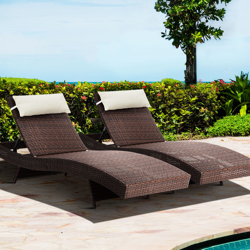 Gardeon 2PC Sun Lounge Wicker Lounger Outdoor Furniture Beach Chair Garden Adjustable Brown FF-LOUNGE-WA-BR2X