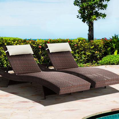 Gardeon 2PC Sun Lounge Wicker Lounger Outdoor Furniture Beach Chair Garden Adjustable Brown FF-LOUNGE-WA-BR2X