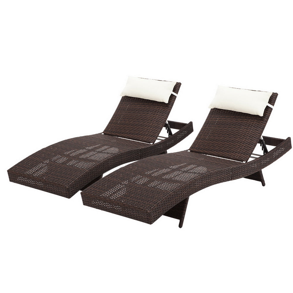 Gardeon 2PC Sun Lounge Wicker Lounger Outdoor Furniture Beach Chair Garden Adjustable Brown FF-LOUNGE-WA-BR2X