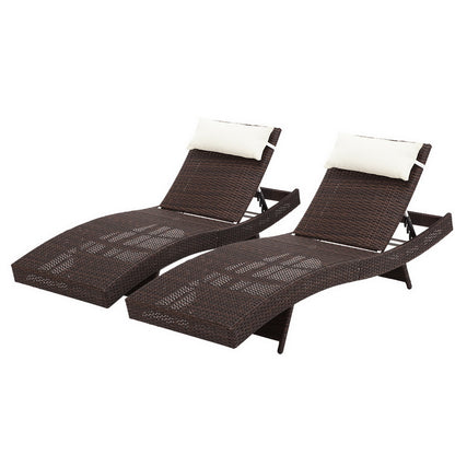 Gardeon 2PC Sun Lounge Wicker Lounger Outdoor Furniture Beach Chair Garden Adjustable Brown FF-LOUNGE-WA-BR2X