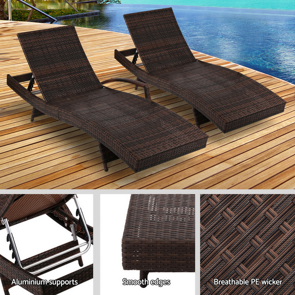 Gardeon 2PC Sun Lounge Wicker Lounger Outdoor Furniture Beach Chair Garden Adjustable Brown FF-LOUNGE-WA-BR2X