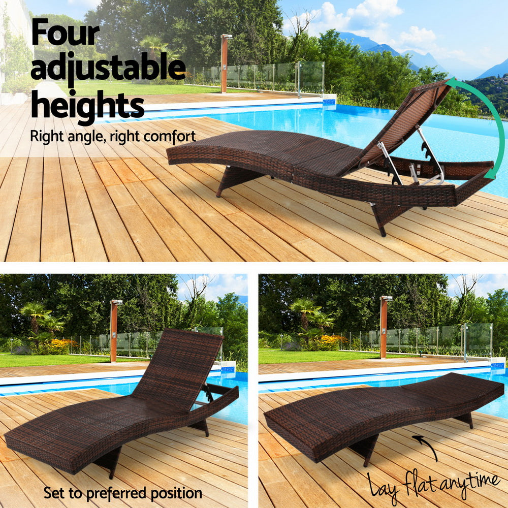 Gardeon 2PC Sun Lounge Wicker Lounger Outdoor Furniture Beach Chair Garden Adjustable Brown FF-LOUNGE-WA-BR2X