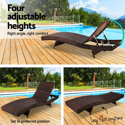 Gardeon 2PC Sun Lounge Wicker Lounger Outdoor Furniture Beach Chair Garden Adjustable Brown FF-LOUNGE-WA-BR2X