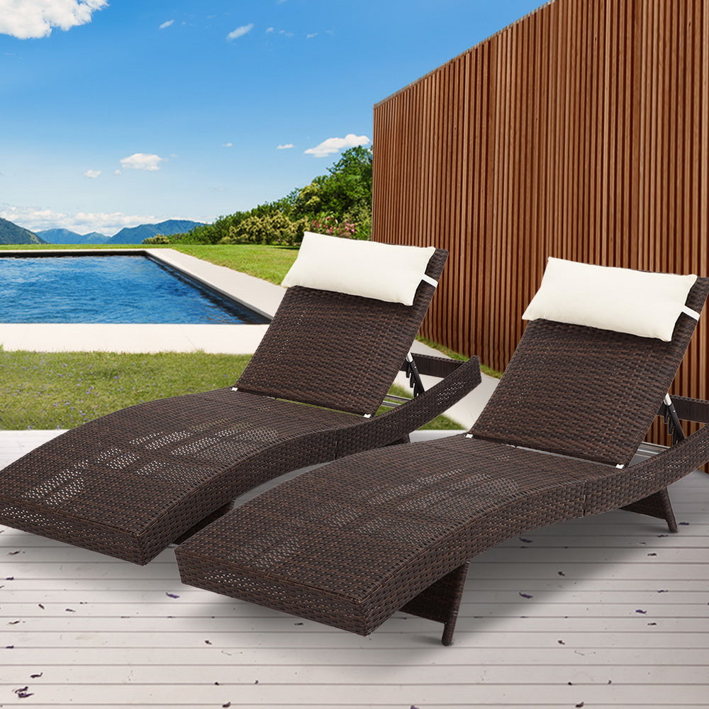 Gardeon 2PC Sun Lounge Wicker Lounger Outdoor Furniture Beach Chair Garden Adjustable Brown FF-LOUNGE-WA-BR2X