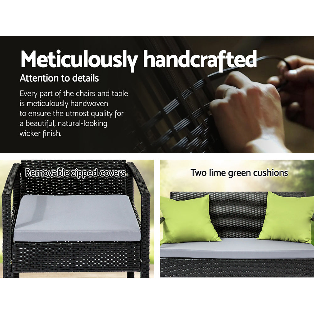 Gardeon Outdoor Sofa Set Wicker Lounge Setting Table and Chairs Patio Furniture FF-SAIPAN-BK