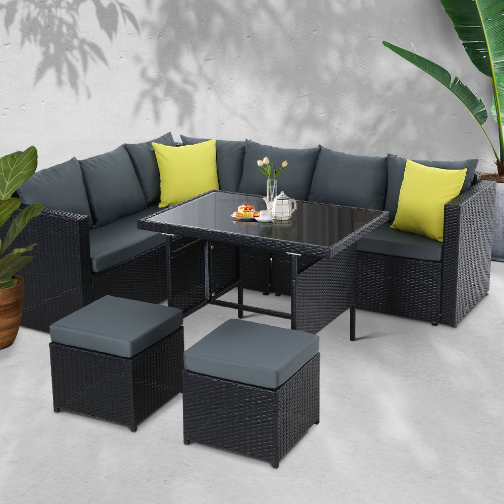 Gardeon Outdoor Dining Set Aluminum Table Chairs Wicker Setting Black FF-SDBOSS-OTM-BK-ABC