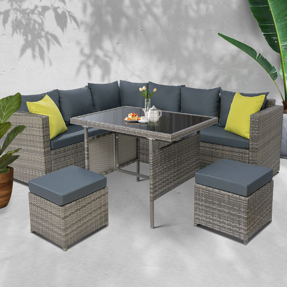 Gardeon Outdoor Dining Set Aluminum Table Chairs Wicker Setting Grey FF-SDBOSS-OTM-GE-ABC