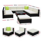 Gardeon 10-Piece Outdoor Sofa Set Wicker Couch Lounge Setting Cover FF-SOFA-BK-10PC-ABCE