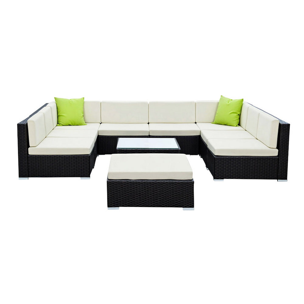 Gardeon 10-Piece Outdoor Sofa Set Wicker Couch Lounge Setting Cover FF-SOFA-BK-10PC-ABCE