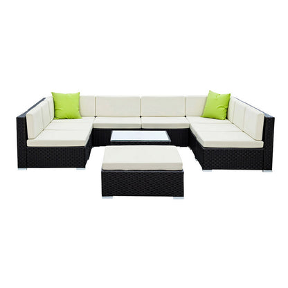 Gardeon 10-Piece Outdoor Sofa Set Wicker Couch Lounge Setting Cover FF-SOFA-BK-10PC-ABCE