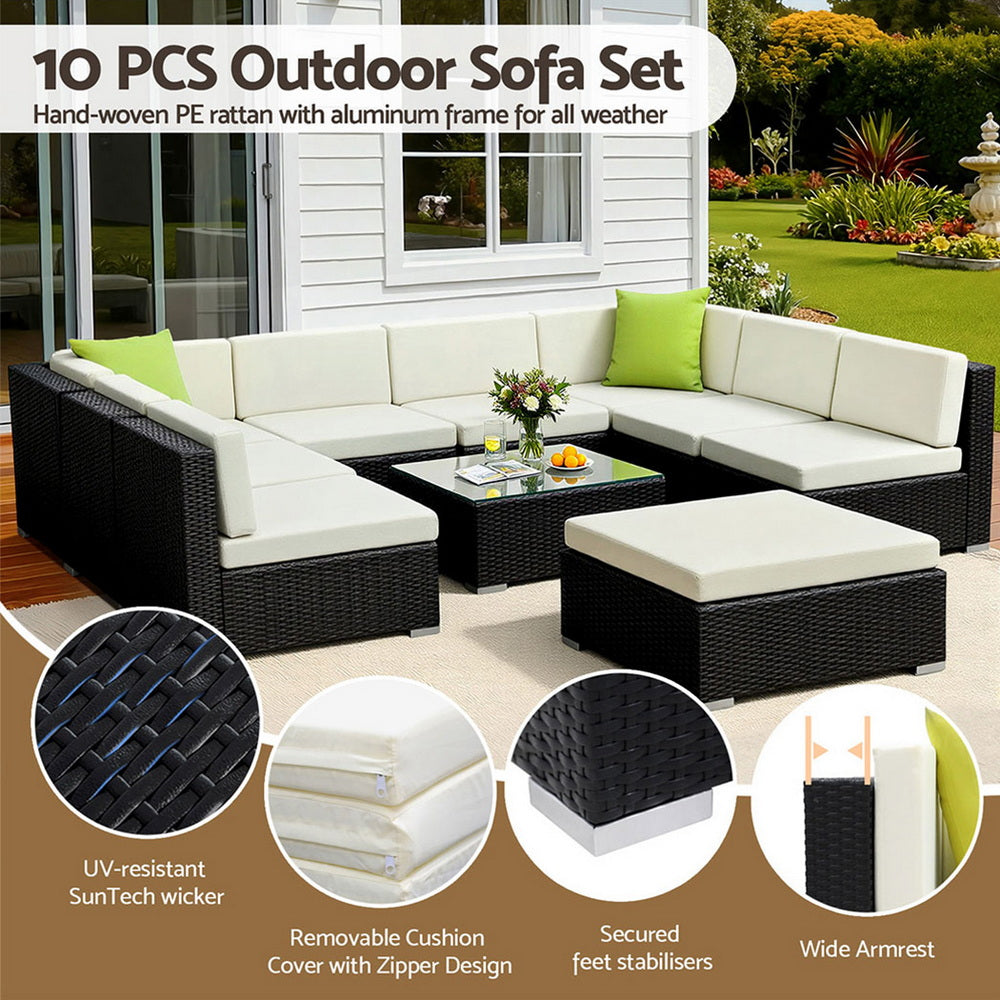 Gardeon 10-Piece Outdoor Sofa Set Wicker Couch Lounge Setting Cover FF-SOFA-BK-10PC-ABCE