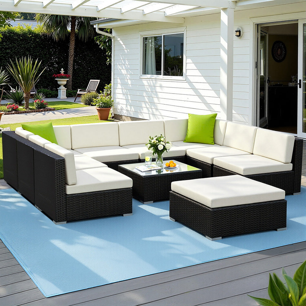 Gardeon 10-Piece Outdoor Sofa Set Wicker Couch Lounge Setting Cover FF-SOFA-BK-10PC-ABCE