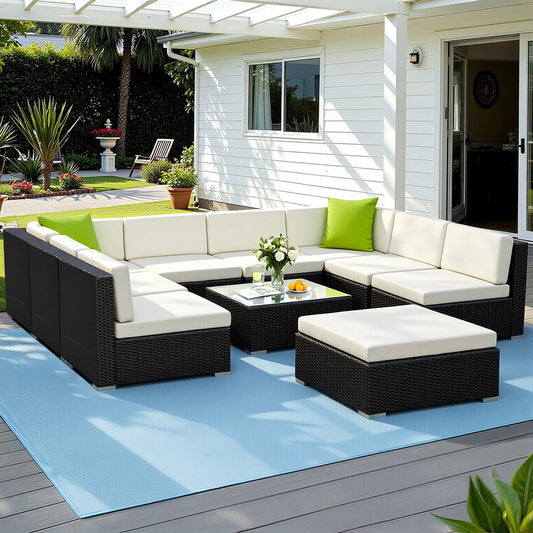 Gardeon 10-Piece Outdoor Sofa Set Wicker Couch Lounge Setting Cover FF-SOFA-BK-10PC-ABCE