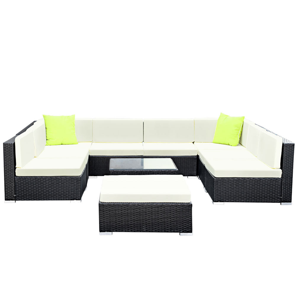 Gardeon 10-Piece Outdoor Sofa Set Wicker Couch Lounge Setting 9 Seater FF-SOFA-BK-10PC-ABCE-N