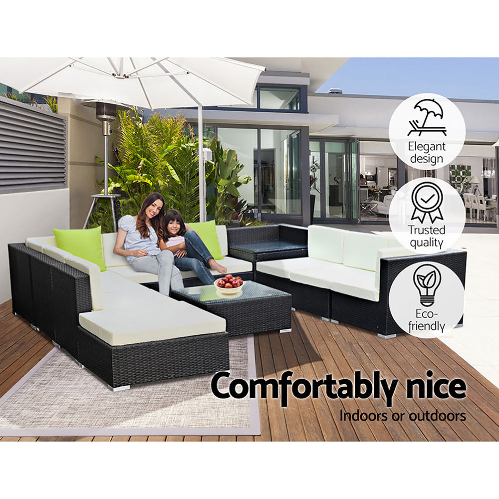 Gardeon 11PC Sofa Set with Storage Cover Outdoor Furniture Wicker FF-SOFA-BK-11PC-ABCCD