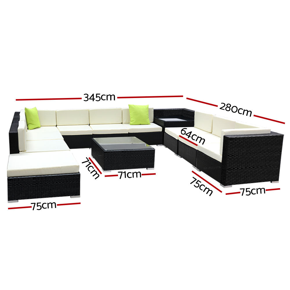 Gardeon 12PC Outdoor Furniture Sofa Set Wicker Garden Patio Lounge FF-SOFA-BK-12PC-ABCDE-N