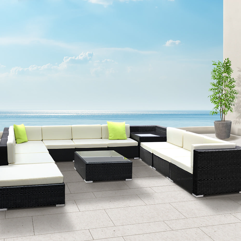 Gardeon 12PC Outdoor Furniture Sofa Set Wicker Garden Patio Lounge FF-SOFA-BK-12PC-ABCDE-N