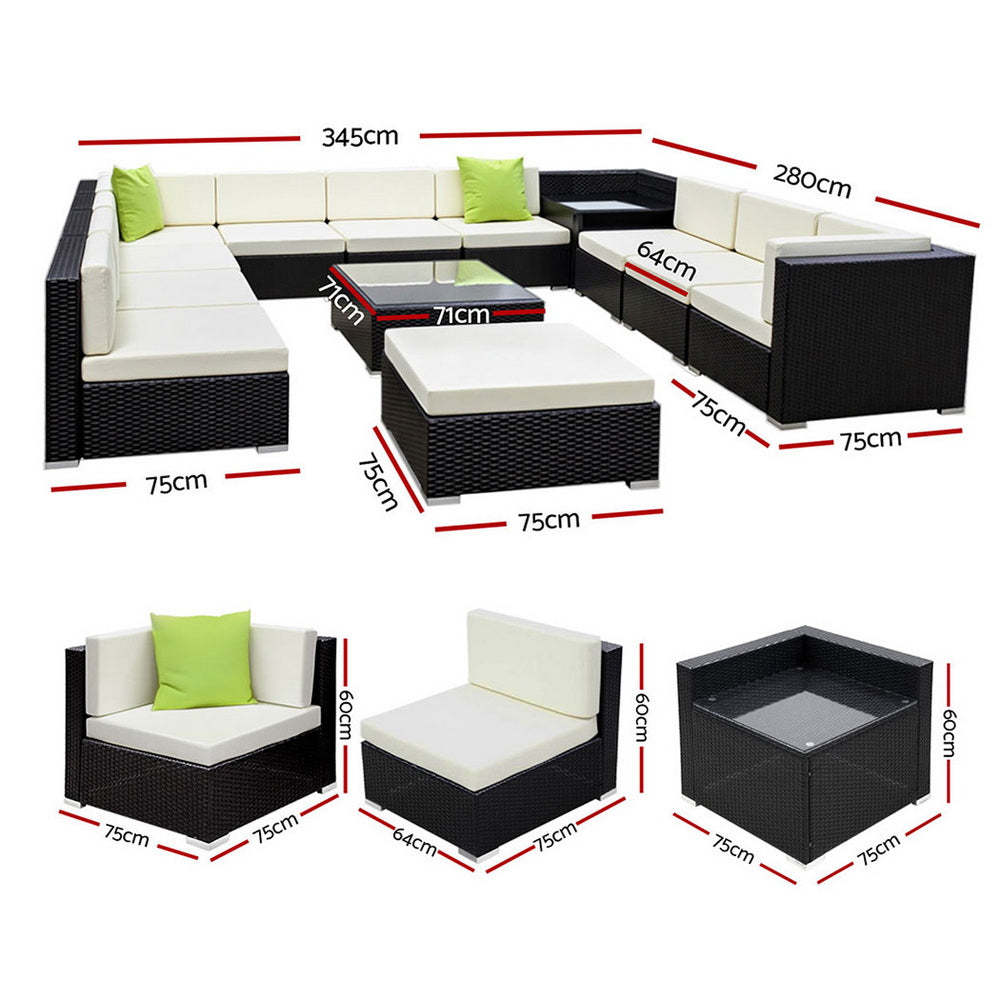 Gardeon 13-Piece Outdoor Sofa Set Wicker Couch Lounge Setting Cover FF-SOFA-BK-13PC-ABDEE