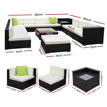 Gardeon 13-Piece Outdoor Sofa Set Wicker Couch Lounge Setting Cover FF-SOFA-BK-13PC-ABDEE
