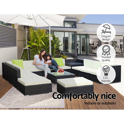 Gardeon 13-Piece Outdoor Sofa Set Wicker Couch Lounge Setting 11 Seater FF-SOFA-BK-13PC-ABDEE-N