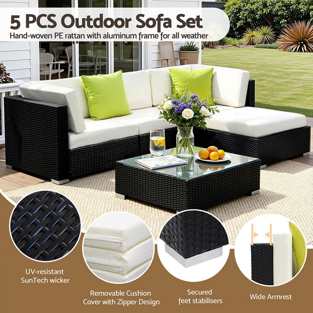 Gardeon 5-Piece Outdoor Sofa Set Wicker Couch Lounge Setting Cover FF-SOFA-BK-5PC-AB
