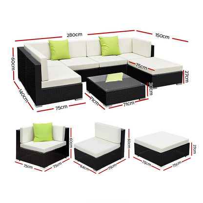 Gardeon 7-Piece Outdoor Sofa Set Wicker Couch Lounge Setting Cover FF-SOFA-BK-7PC-ABC