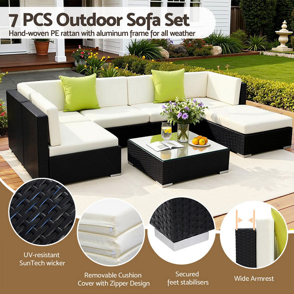 Gardeon 7-Piece Outdoor Sofa Set Wicker Couch Lounge Setting Cover FF-SOFA-BK-7PC-ABC