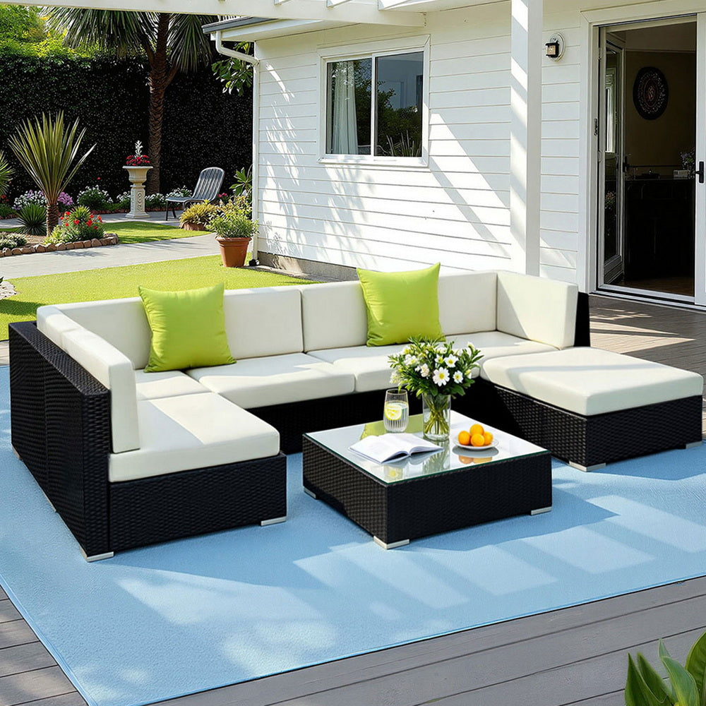 Gardeon 7-Piece Outdoor Sofa Set Wicker Couch Lounge Setting Cover FF-SOFA-BK-7PC-ABC