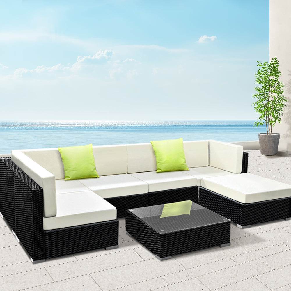 Gardeon 7-Piece Outdoor Sofa Set Wicker Couch Lounge Setting 6 Seater FF-SOFA-BK-7PC-ABC-N