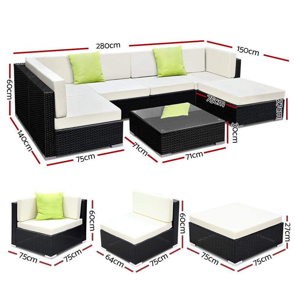 Gardeon 7-Piece Outdoor Sofa Set Wicker Couch Lounge Setting 6 Seater FF-SOFA-BK-7PC-ABC-N