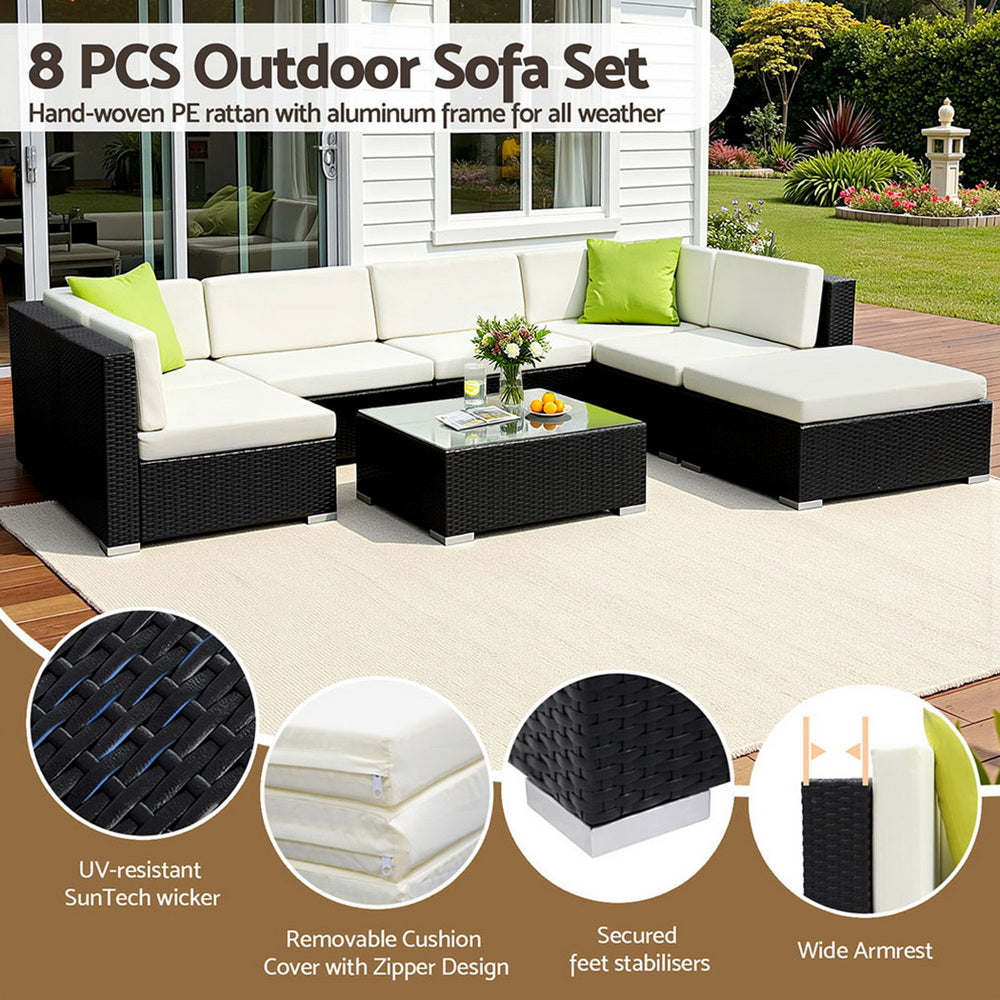 Gardeon 8-Piece Outdoor Sofa Set Wicker Couch Lounge Setting Cover FF-SOFA-BK-8PC-ABE
