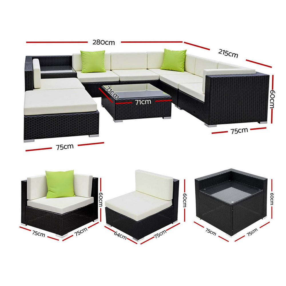 Gardeon 9-Piece Outdoor Sofa Set Wicker Couch Lounge Setting Cover FF-SOFA-BK-9PC-ABCD