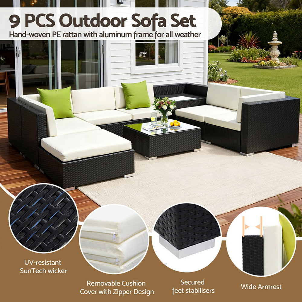 Gardeon 9-Piece Outdoor Sofa Set Wicker Couch Lounge Setting Cover FF-SOFA-BK-9PC-ABCD