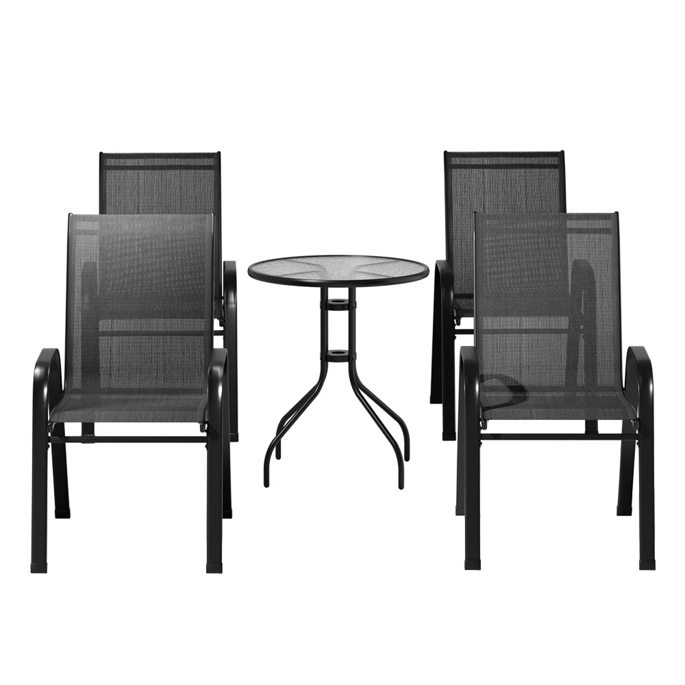 Gardeon 5PC Bistro Set Outdoor Table and Chairs Stackable Outdoor Furniture Black FF-STA-AL80-BK-4CH