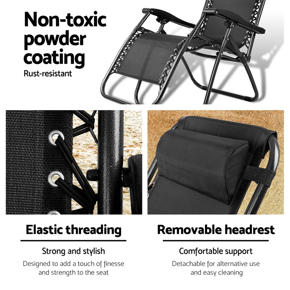 Gardeon Zero Gravity Chair Folding Outdoor Recliner Adjustable Sun Lounge Camping Black FF-ZGC-BK