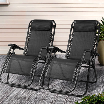 Gardeon 2PC Zero Gravity Chair Folding Outdoor Recliner Adjustable Sun Lounge Camping Black FF-ZGC-BKX2
