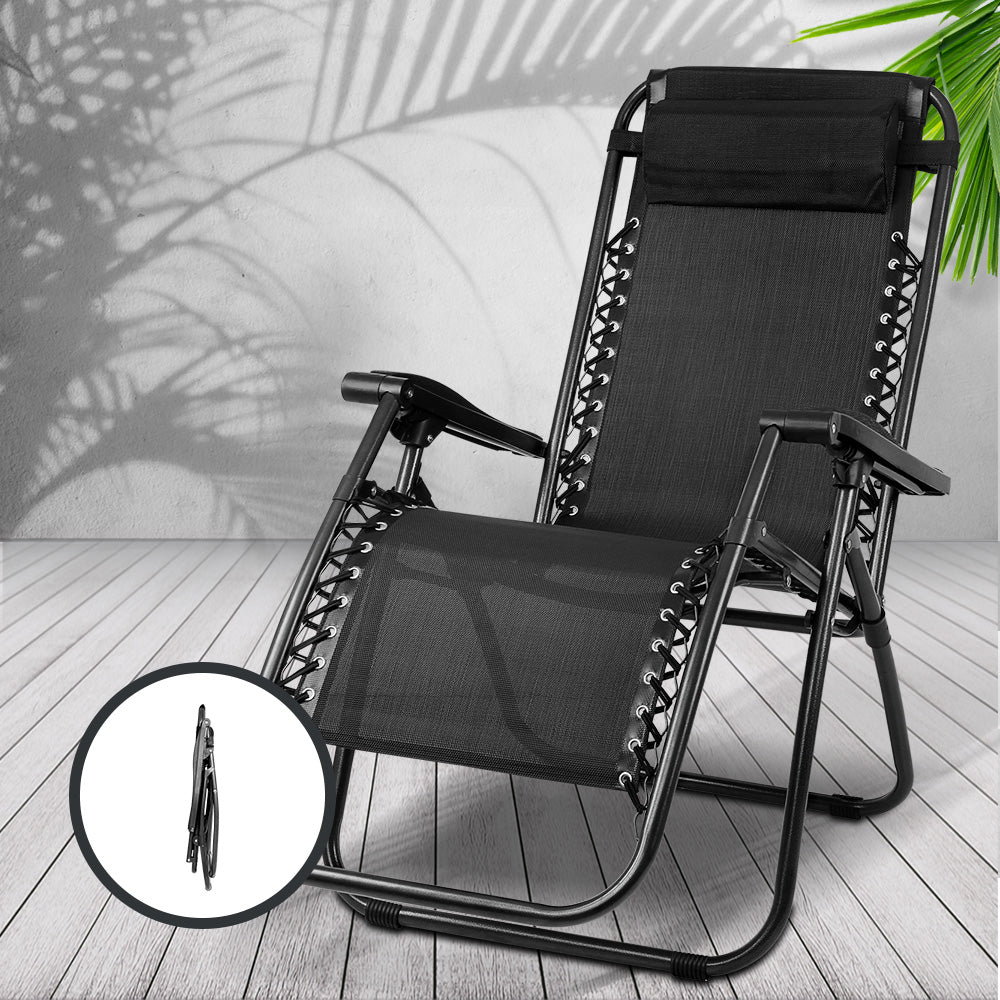 Gardeon 2PC Zero Gravity Chair Folding Outdoor Recliner Adjustable Sun Lounge Camping Black FF-ZGC-BKX2