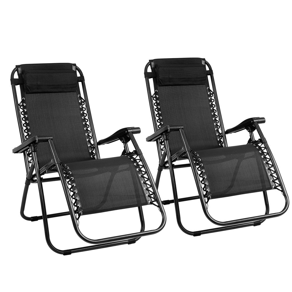 Gardeon 2PC Zero Gravity Chair Folding Outdoor Recliner Adjustable Sun Lounge Camping Black FF-ZGC-BKX2