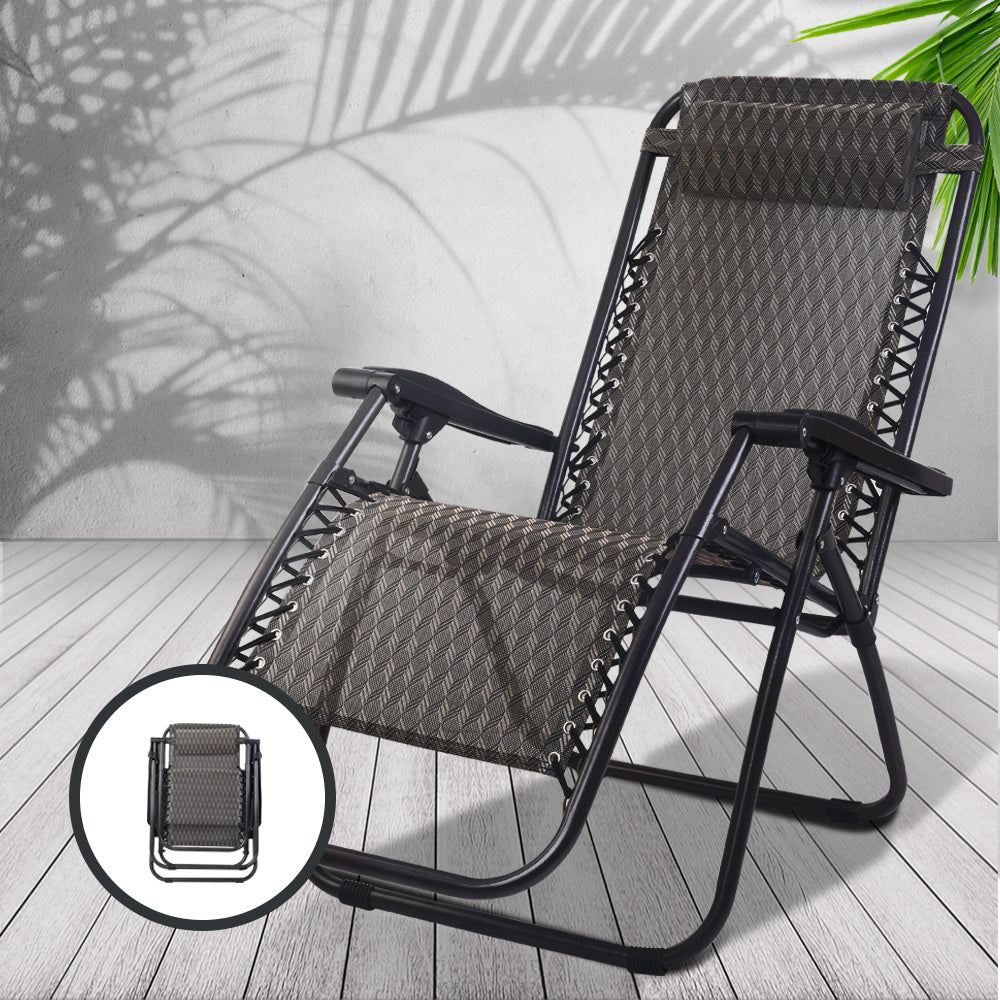 Gardeon 2PC Zero Gravity Chair Folding Outdoor Recliner Adjustable Sun Lounge Camping Grey FF-ZGC-GRX2