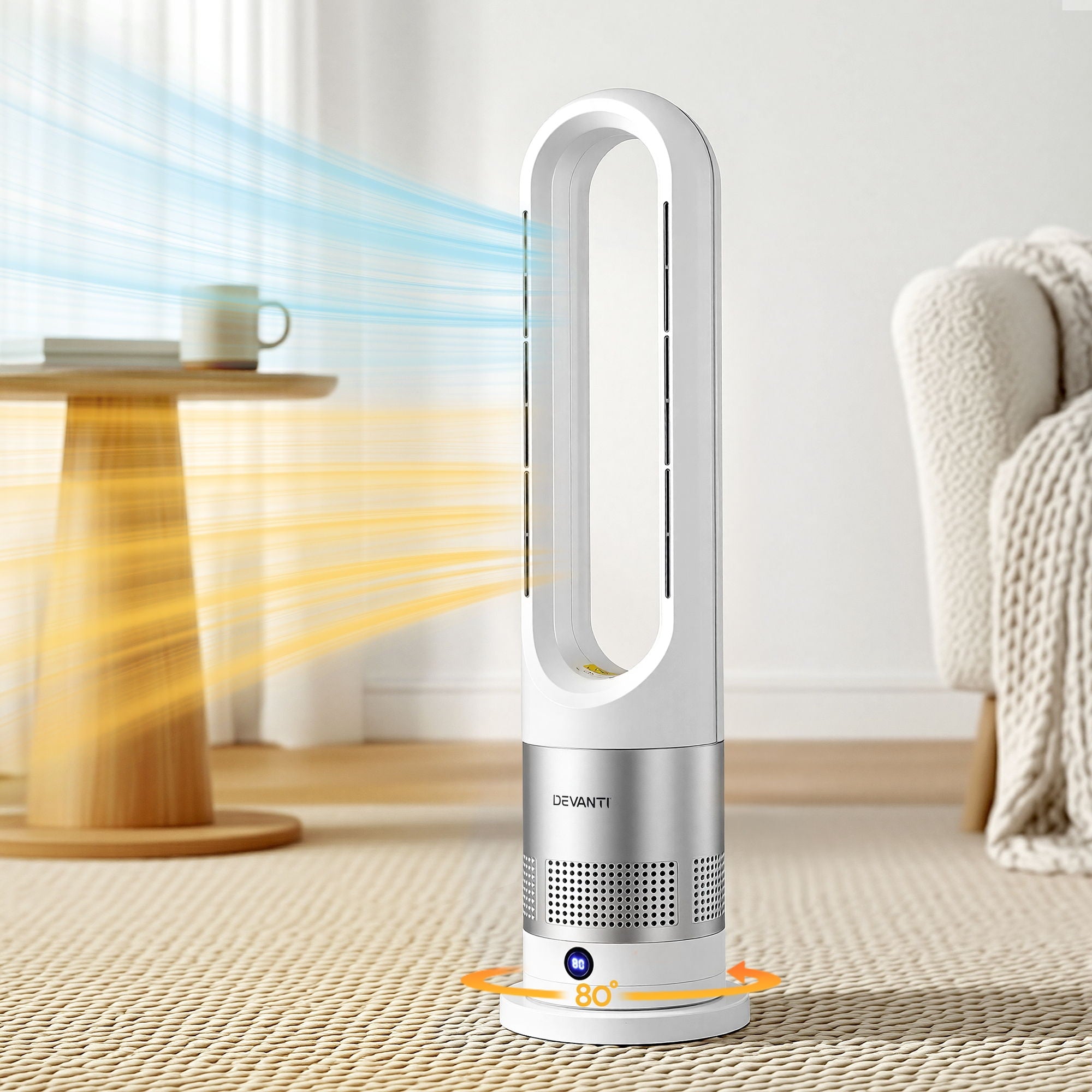 Devanti Bladeless Tower Fan Heater and Cooler 2in1 Portable Oscillation Fan for Bedroom Room Office Use White FH-A-BL-1200-WH