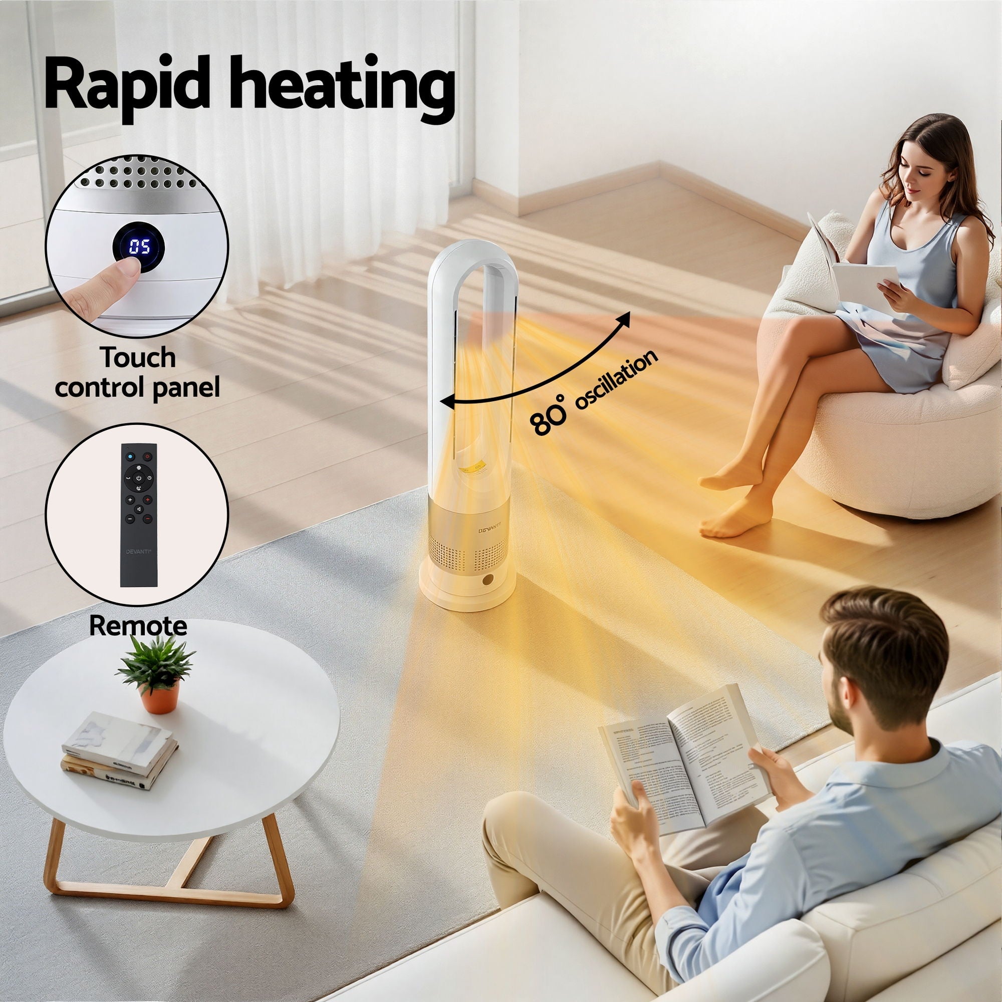 Devanti Bladeless Tower Fan Heater and Cooler 2in1 Portable Oscillation Fan for Bedroom Room Office Use White FH-A-BL-1200-WH