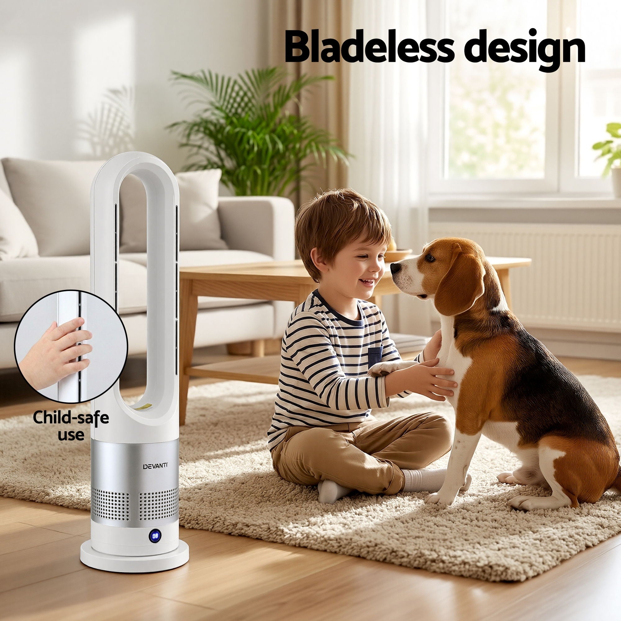 Devanti Bladeless Tower Fan Heater and Cooler 2in1 Portable Oscillation Fan for Bedroom Room Office Use White FH-A-BL-1200-WH