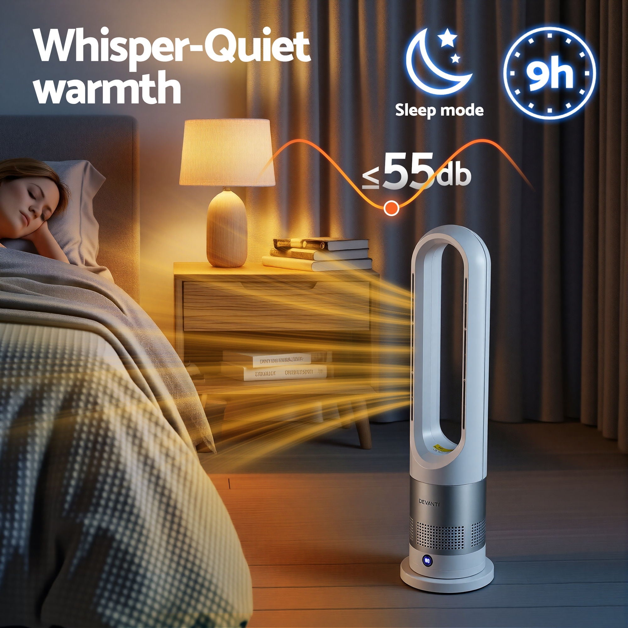 Devanti Bladeless Tower Fan Heater and Cooler 2in1 Portable Oscillation Fan for Bedroom Room Office Use White FH-A-BL-1200-WH