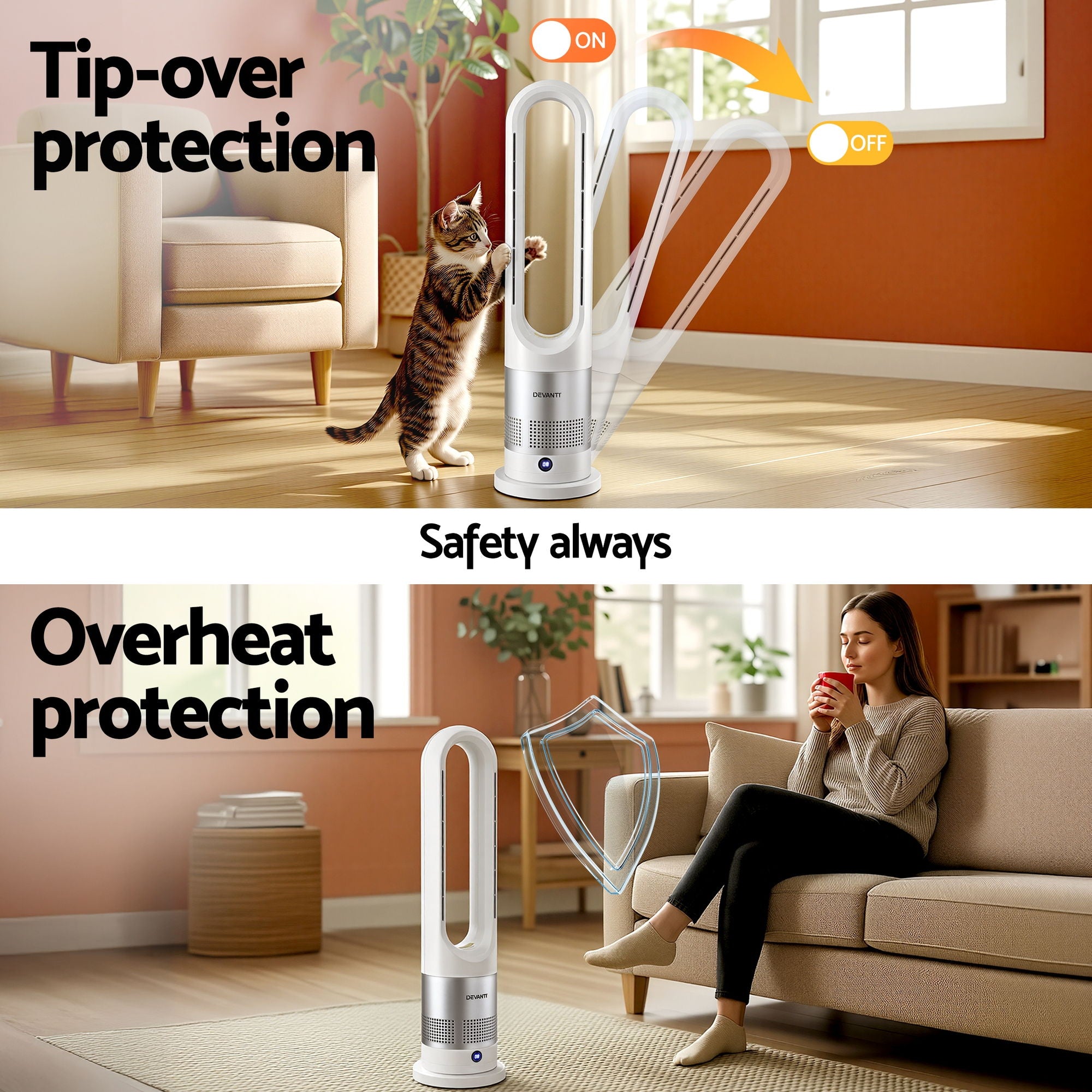 Devanti Bladeless Tower Fan Heater and Cooler 2in1 Portable Oscillation Fan for Bedroom Room Office Use White FH-A-BL-1200-WH